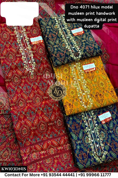 Kaydee - Fancy Cotton Suits With Half Work Pure Dupatta Patti:  (Set of 4)103No