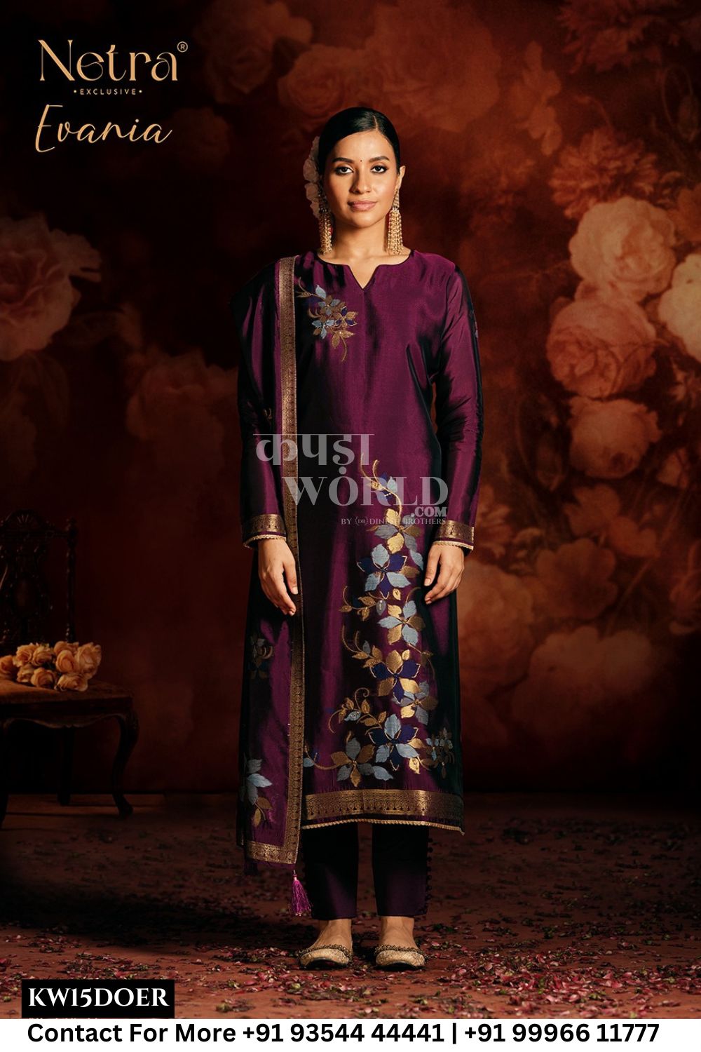 Netra Catalogue - Evania: Designer Silk jacquard Ladies Suit Catalog Wholesaler
