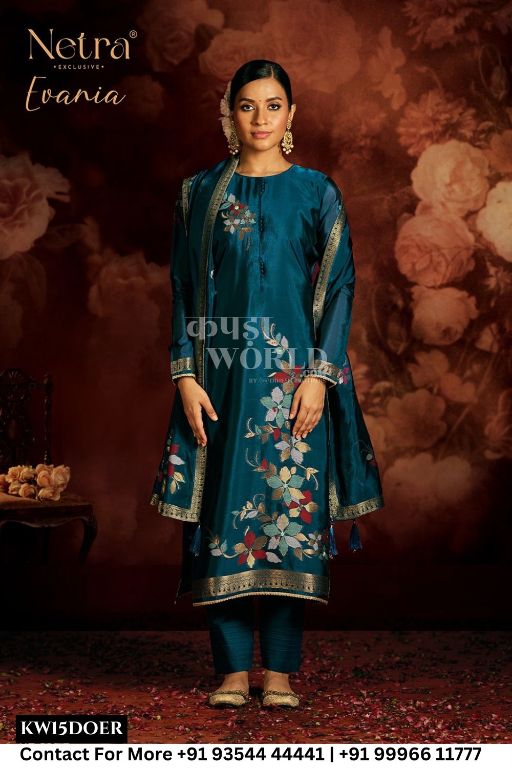 Netra Catalogue - Evania: Designer Silk jacquard Ladies Suit Catalog Wholesaler