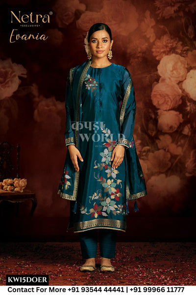 Netra Catalogue - Evania: Designer Silk jacquard Ladies Suit Catalog Wholesaler