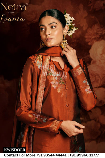 Netra Catalogue - Evania: Designer Silk jacquard Ladies Suit Catalog Wholesaler