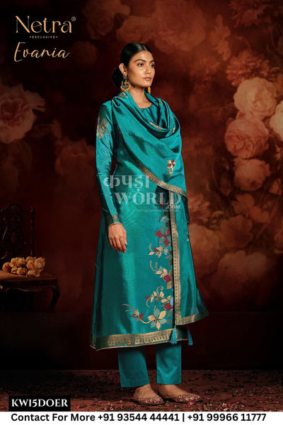 Netra Catalogue - Evania: Designer Silk jacquard Ladies Suit Catalog Wholesaler