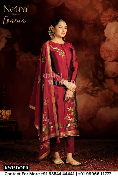 Netra Catalogue - Evania: Designer Silk jacquard Ladies Suit Catalog Wholesaler