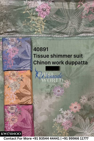Womade - : Unsitched Tissue Shimmer Suit With Chinnon Work Dupatta (Set of 4)171No