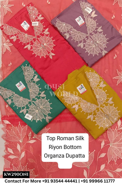 Fancy Unstitched Suit With Top Roman Silk With Rayon  Dupatta (Set of 4)290No