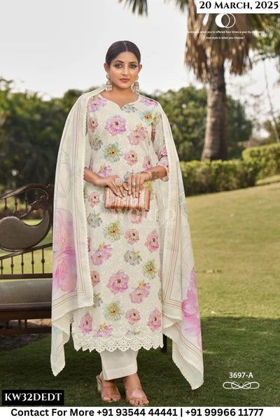 Rivaa Catalogue - JIVANA-2 : Pure Italian Lawn Digital Ptd. Embroidery With Daman Lace.