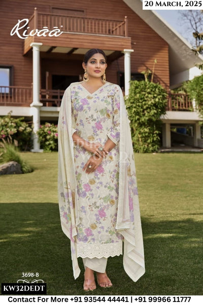 Rivaa Catalogue - JIVANA-2 : Pure Italian Lawn Digital Ptd. Embroidery With Daman Lace.