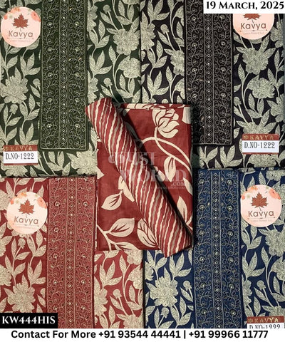 Kavya Suits Fine Cotton Printed With Embroidred Necktie Top and Table Print Cotton Dupatta (Set of 4)444No