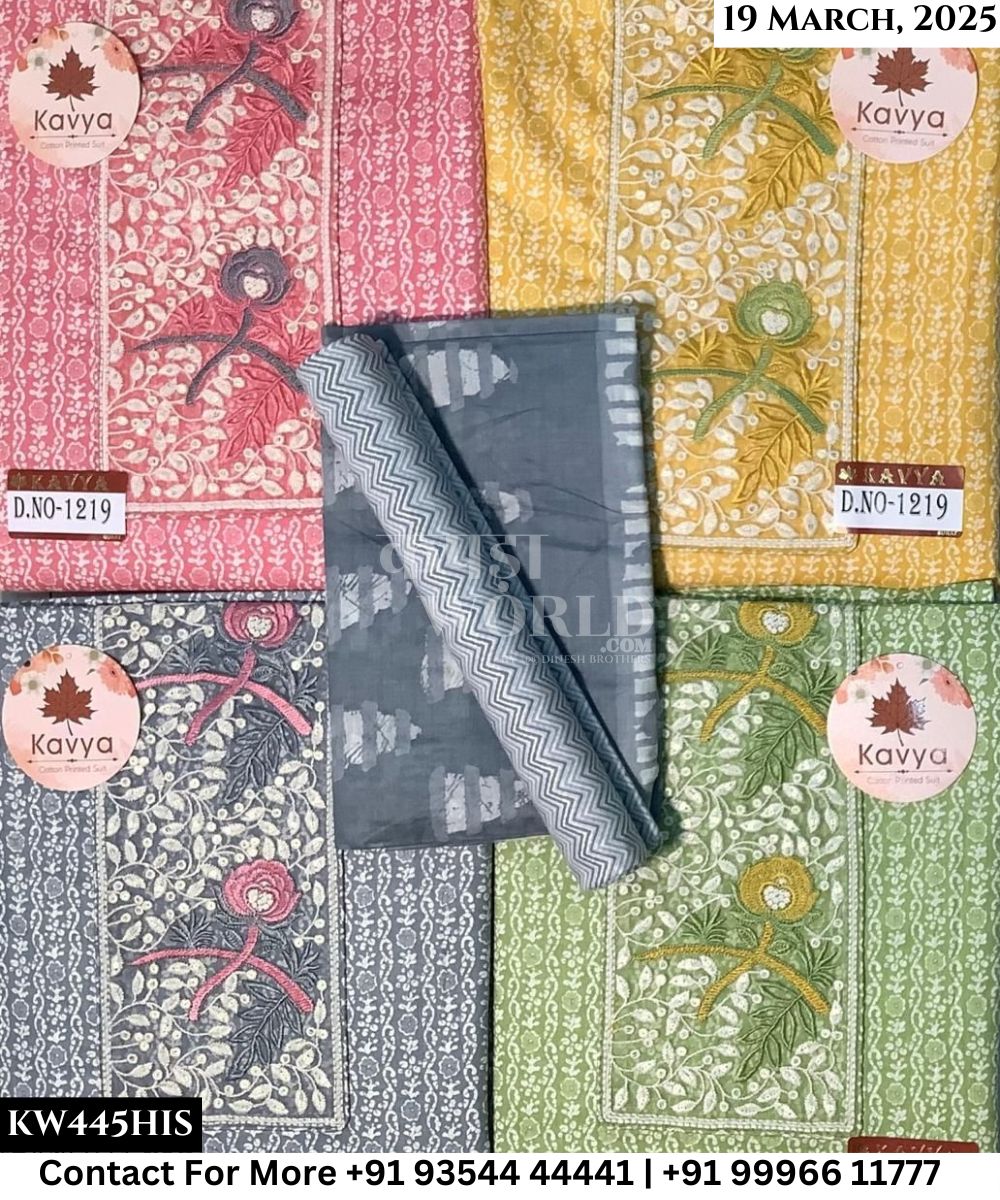 Kavya Suits Fine Cotton Printed With Embroidred Necktie Top and Table Print Cotton Dupatta (Set of 4)445No