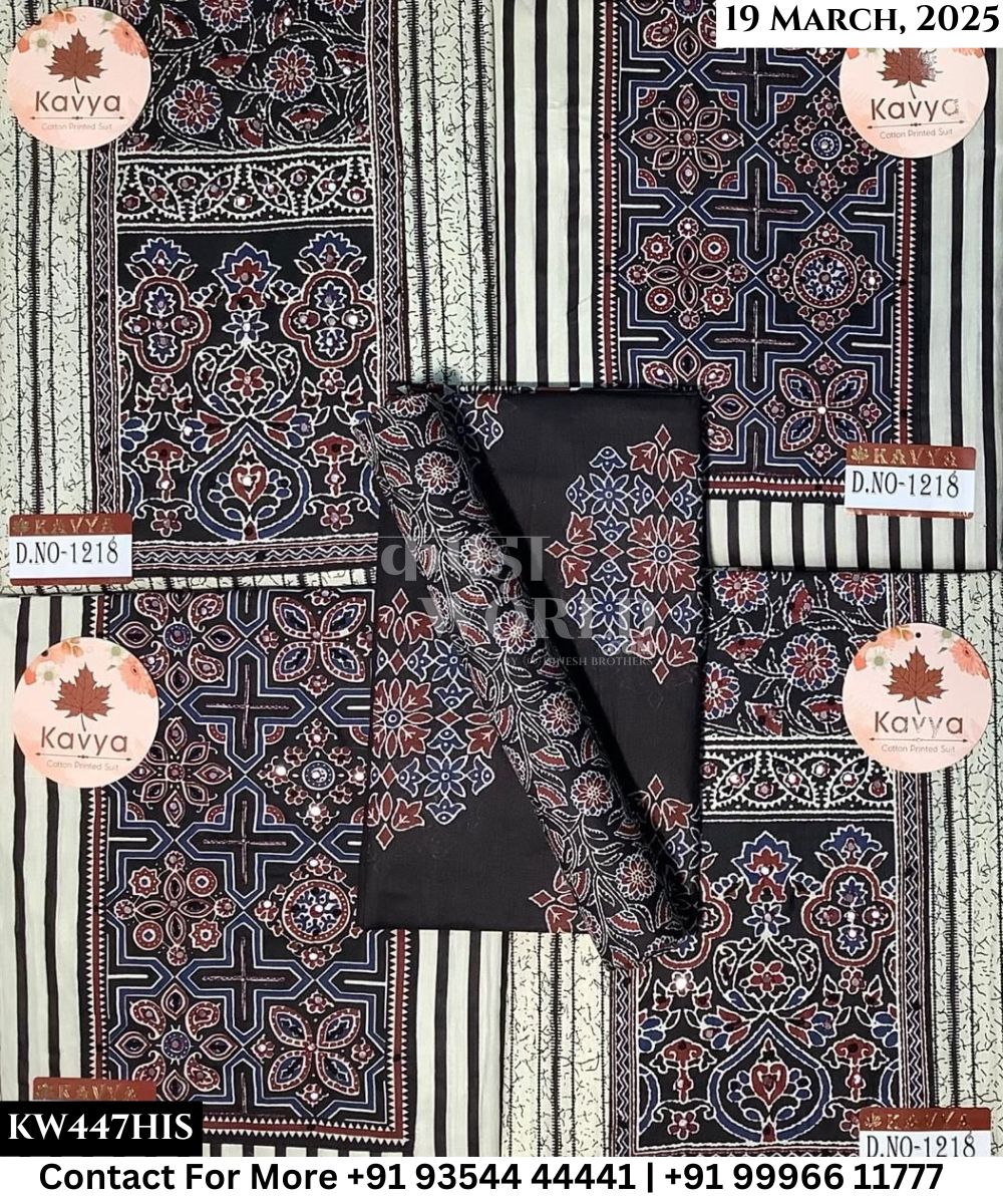 Kavya Suits Fine Cotton Printed With Embroidred Necktie Top and Table Print Cotton Dupatta (Set of 4)447No