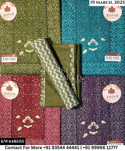 Kavya Suits Fine Cotton Printed With Embroidred Necktie Top and Table Print Cotton Dupatta (Set of 4)448No