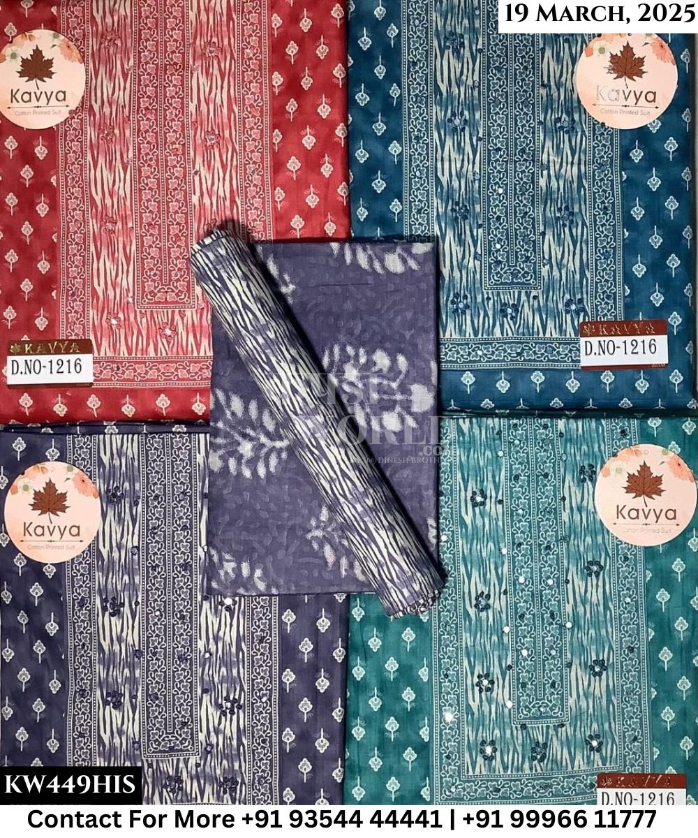 Kavya Suits Fine Cotton Printed With Embroidred Necktie Top and Table Print Cotton Dupatta (Set of 4)449No