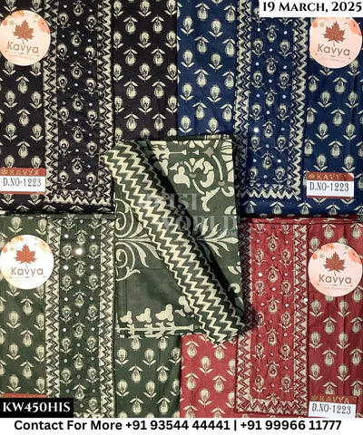 Kavya Suits Fine Cotton Printed With Embroidred Necktie Top and Table Print Cotton Dupatta (Set of 4)450No