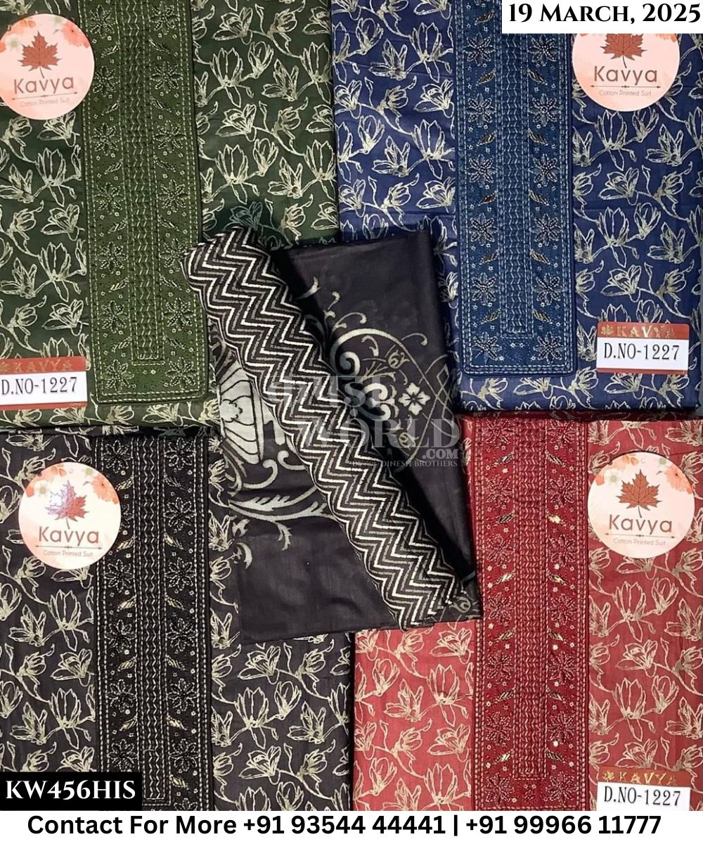 Kavya Suits Fine Cotton Printed With Embroidred Necktie Top and Table Print Cotton Dupatta (Set of 4)456No