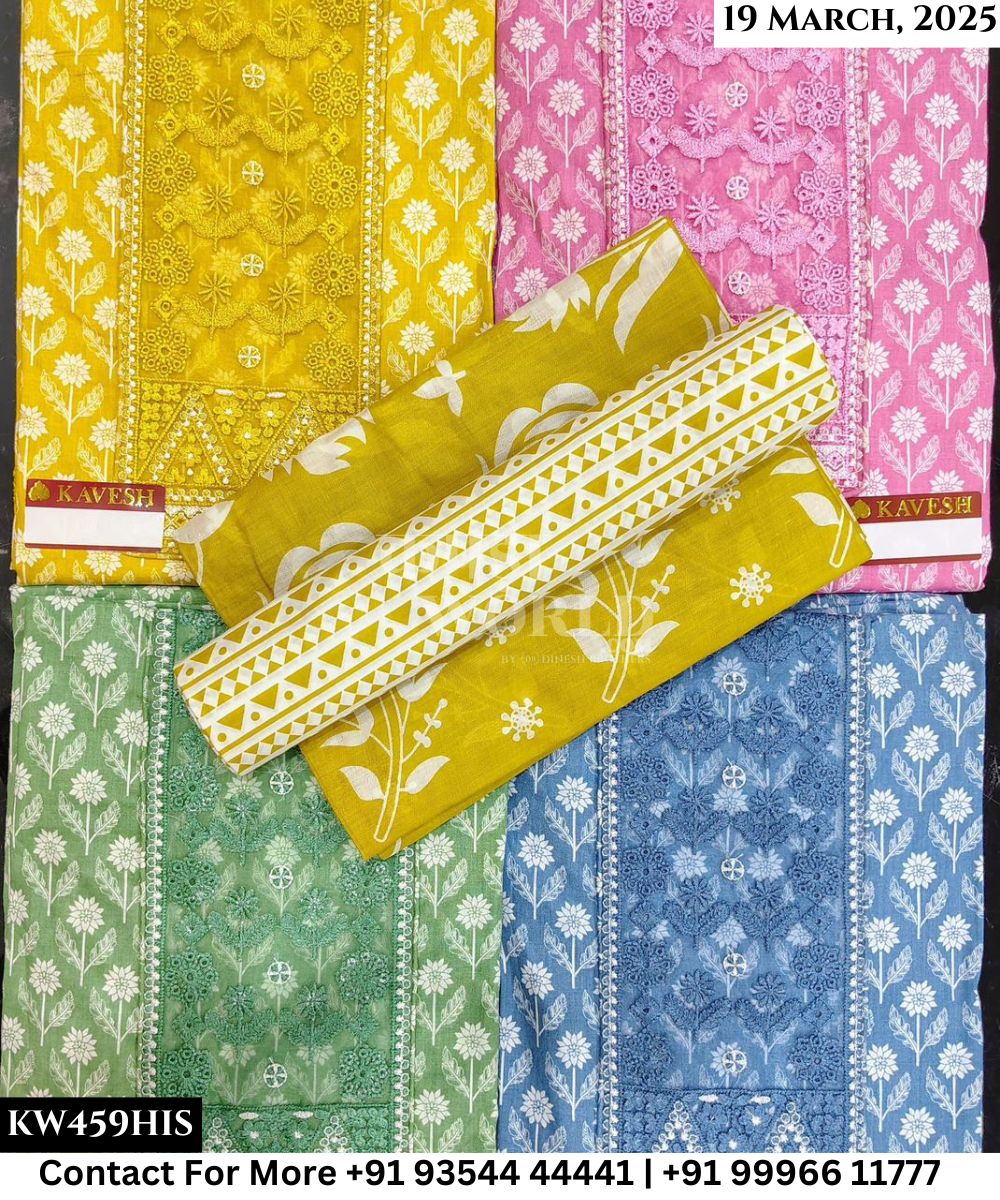 Kavya Suits Fine Cotton Printed With Embroidred Necktie Top and Table Print Cotton Dupatta (Set of 4)459No