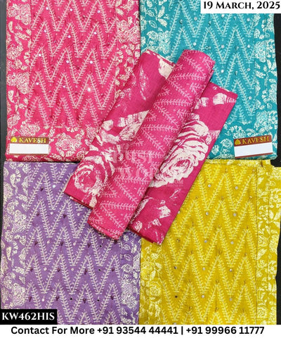 Kavya Suits Fine Cotton Printed With Embroidred Necktie Top and Table Print Cotton Dupatta (Set of 4)462No