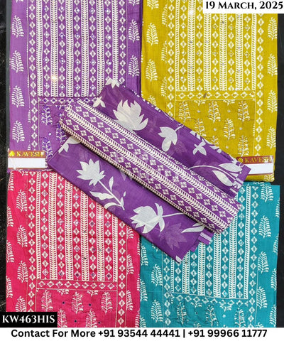 Kavya Suits Fine Cotton Printed With Embroidred Necktie Top and Table Print Cotton Dupatta (Set of 4)463No