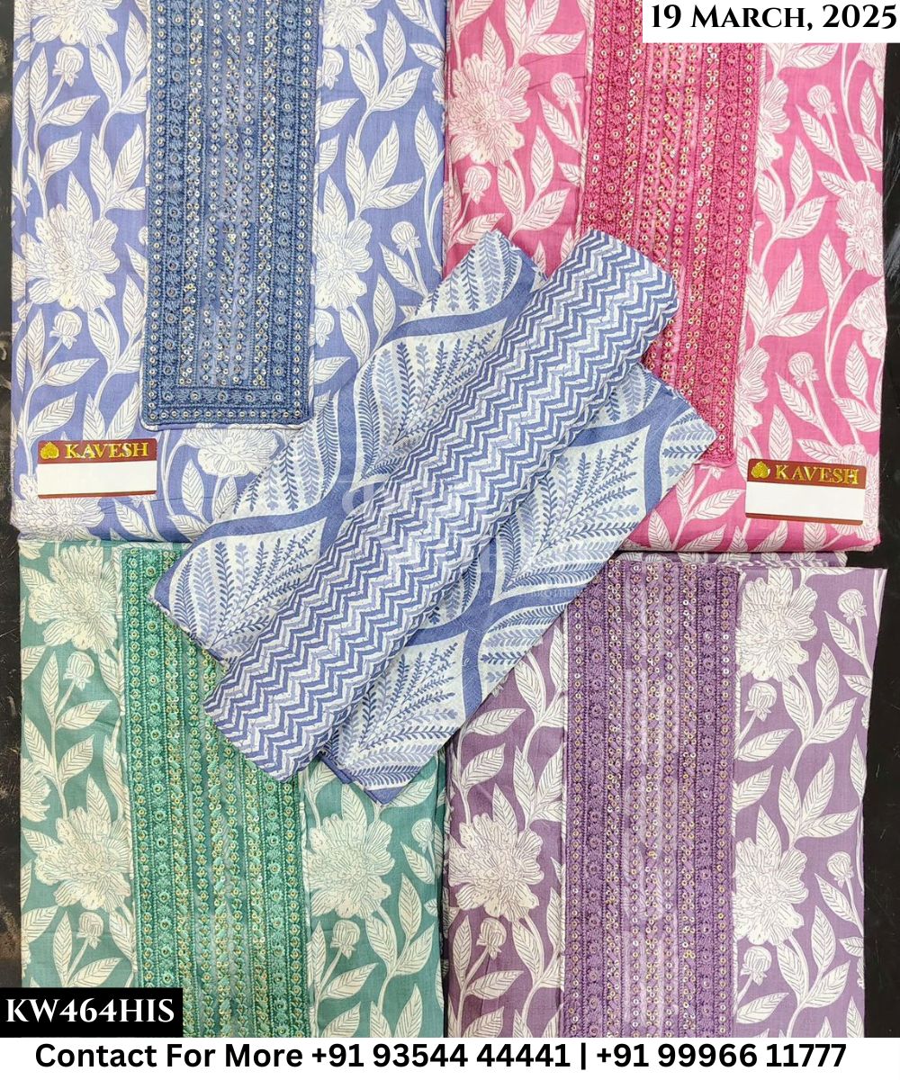 Kavya Suits Fine Cotton Printed With Embroidred Necktie Top and Table Print Cotton Dupatta (Set of 4)464No