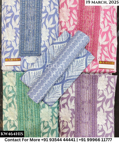 Kavya Suits Fine Cotton Printed With Embroidred Necktie Top and Table Print Cotton Dupatta (Set of 4)464No
