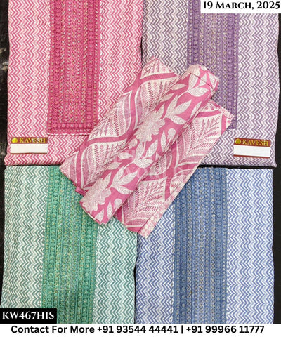 Kavya Suits Fine Cotton Printed With Embroidred Necktie Top and Table Print Cotton Dupatta (Set of 4)467No