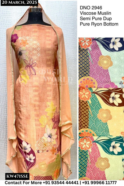 Unstitched Suits Viscose Muslin Top and Semi Pure Dupatta (Set of 4)471No