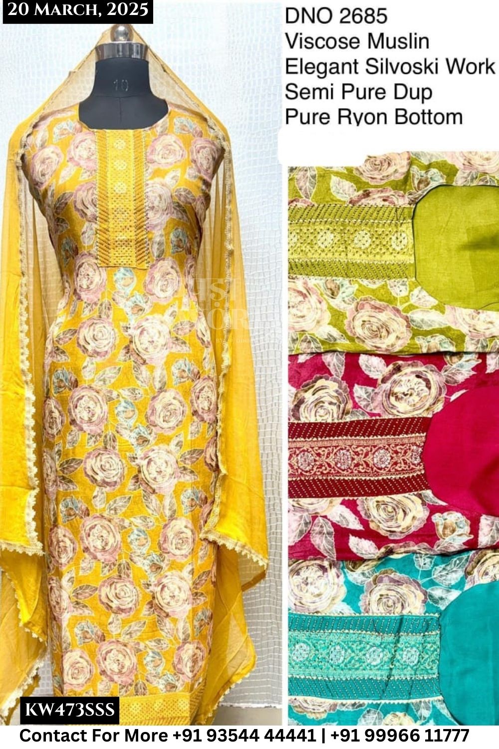 Unstitched Suits Viscose Muslin Elegant Silvoski Work Top and Semi Pure Dupatta (Set of 4)473No