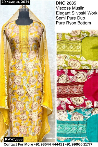 Unstitched Suits Viscose Muslin Elegant Silvoski Work Top and Semi Pure Dupatta (Set of 4)473No