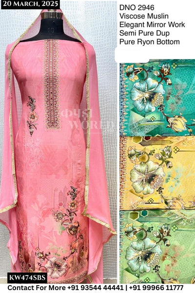 Unstitched Suits Viscose Muslin Elegant Mirror Work Top and Semi Pure Dupatta (Set of 4)474No