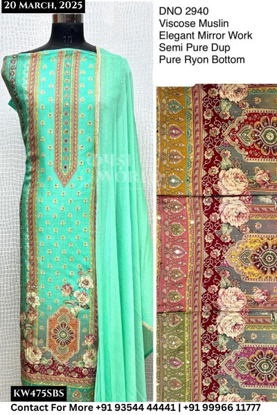 Unstitched Suits Viscose Muslin Elegant Mirror Work Top and Semi Pure Dupatta (Set of 4)475No