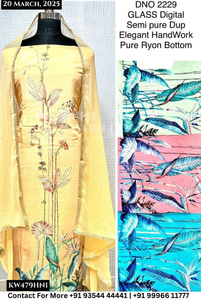 Unstitched Suits Glass Digital Top and Semi Pure Dupatta Elegant Handwork Dupatta (Set of 4)479No