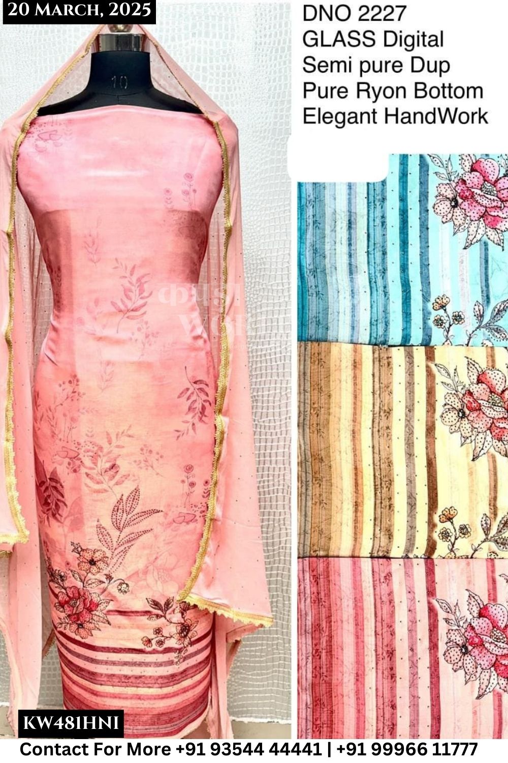 Unstitched Suits Glass Digital Top and Semi Pure Dupatta Elegant Handwork Dupatta (Set of 4)481No