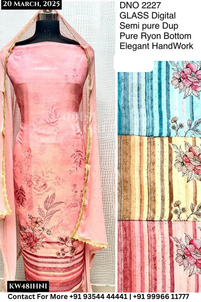 Unstitched Suits Glass Digital Top and Semi Pure Dupatta Elegant Handwork Dupatta (Set of 4)481No