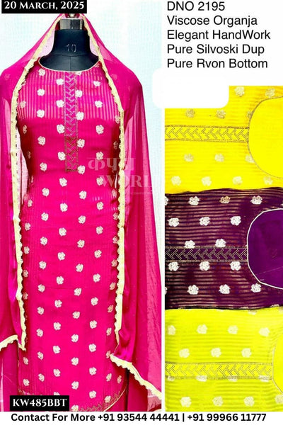 Unstitched Suits Viscose Organza Elegant Hand Work Top and Pure Silvoski Dupatta (Set of 4)485No