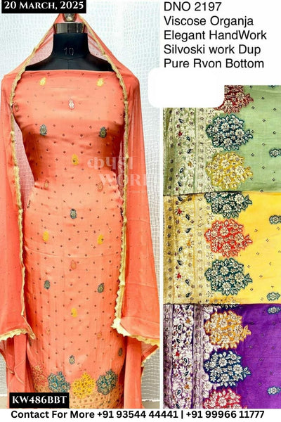 Unstitched Suits Viscose Organza Elegant Hand Work Top and Silvoski Work Dupatta (Set of 4)486No