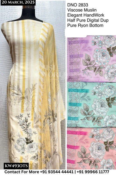 Unstitched Suits Viscose Muslin Elegant Hand Work Top and Half Pure Digital Dupatta (Set of 4)493No