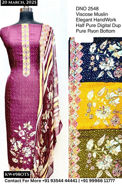 Unstitched Suits Viscose Muslin Elegant Hand Work Top and Half Pure Digital Dupatta (Set of 4)498No