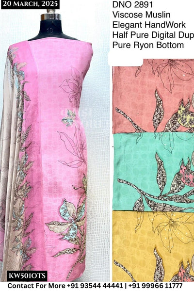 Unstitched Suits Viscose Muslin Elegant Hand Work Top and Half Pure Digital Dupatta (Set of 4)501No