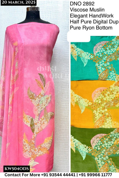 Unstitched Suits Viscose Muslin Elegant Hand Work Top and Half Pure Digital Dupatta (Set of 4)504No