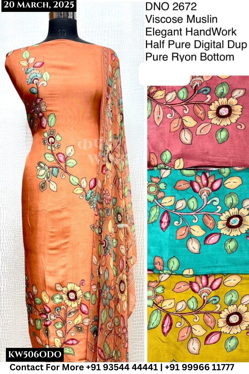 Unstitched Suits Viscose Muslin Elegant Hand Work Top and Half Pure Digital Dupatta (Set of 4)506No