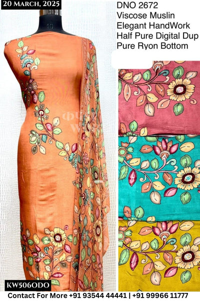 Unstitched Suits Viscose Muslin Elegant Hand Work Top and Half Pure Digital Dupatta (Set of 4)506No
