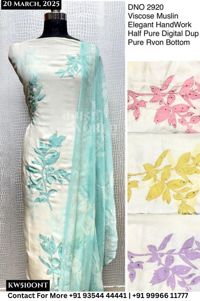 Unstitched Suits Viscose Muslin Elegant Emb Neck Top and Half Pure Digital Dupatta (Set of 4)510No