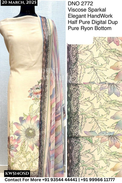 Unstitched Suits Viscose Sparkal Elegant Hand Work Top and Half Pure Digital Dupatta (Set of 4)514No