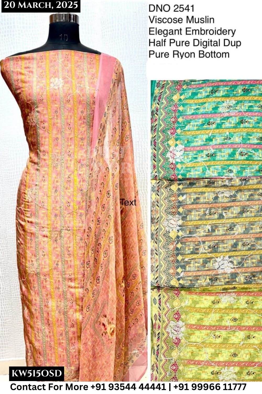 Unstitched Suits Viscose Muslin Elegant Hand Work Top and Half Pure Digital Dupatta (Set of 4)515No