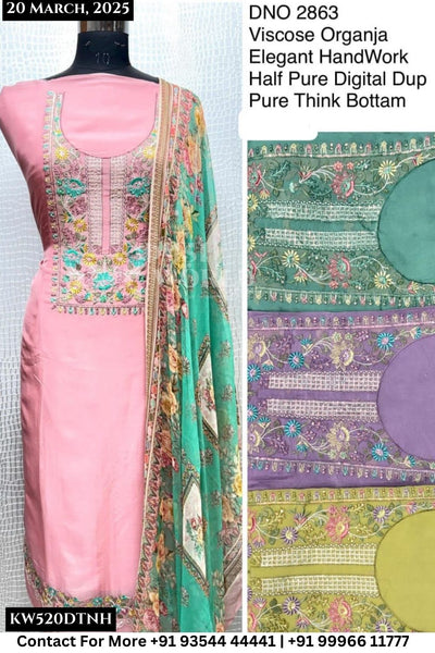 Unstitched Suits Viscose Organza Elegant Hand Work Top and Half Pure Digital Dupatta (Set of 4)520No