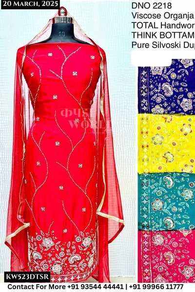 Unstitched Suits Viscose Organza Total Hand Work Top and Pure Silvoski Dupatta (Set of 4)523No