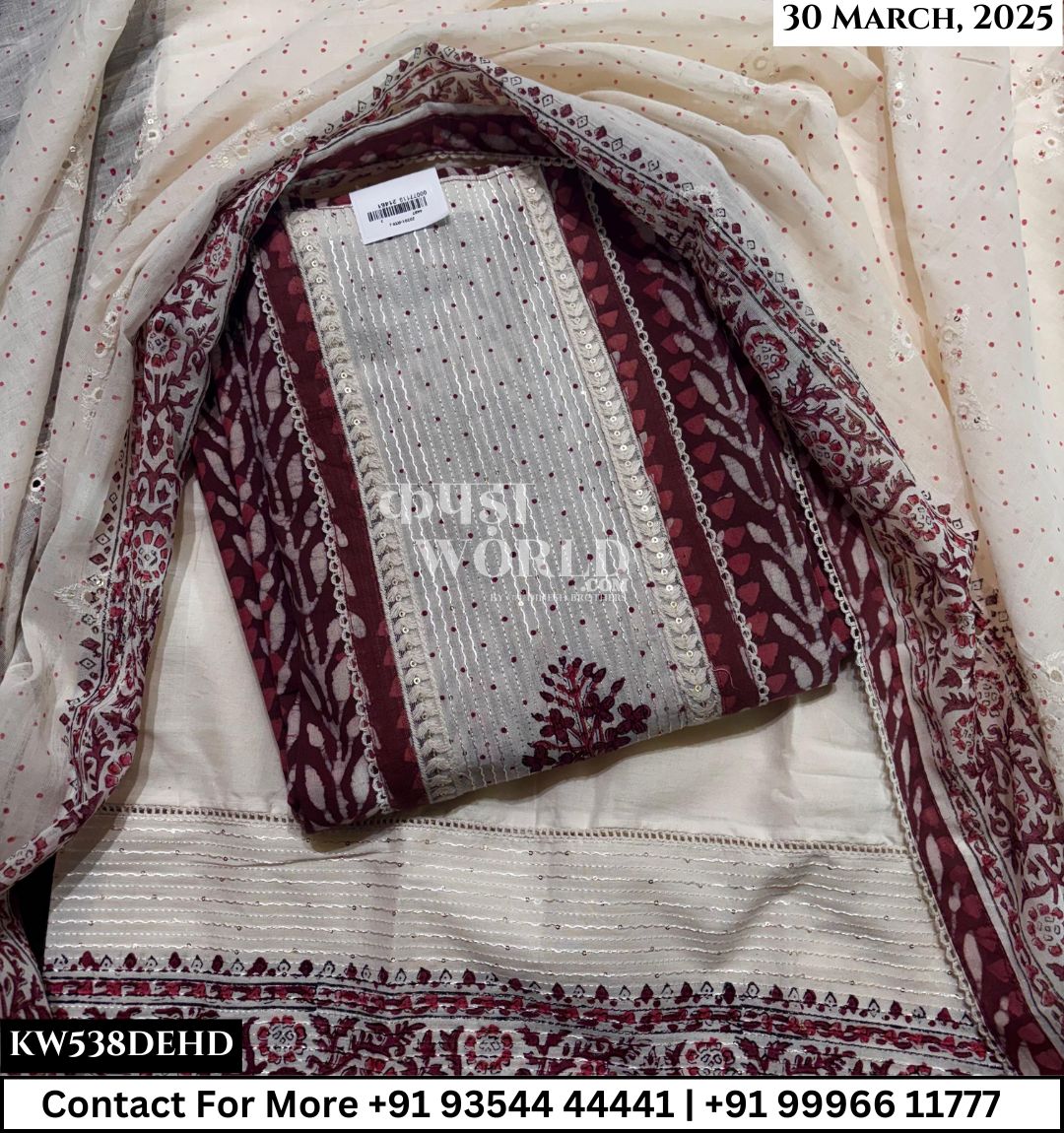 Unstitched Suits Cambric Cotton Top and Mulmul Work Dupatta (Set of 1)538No