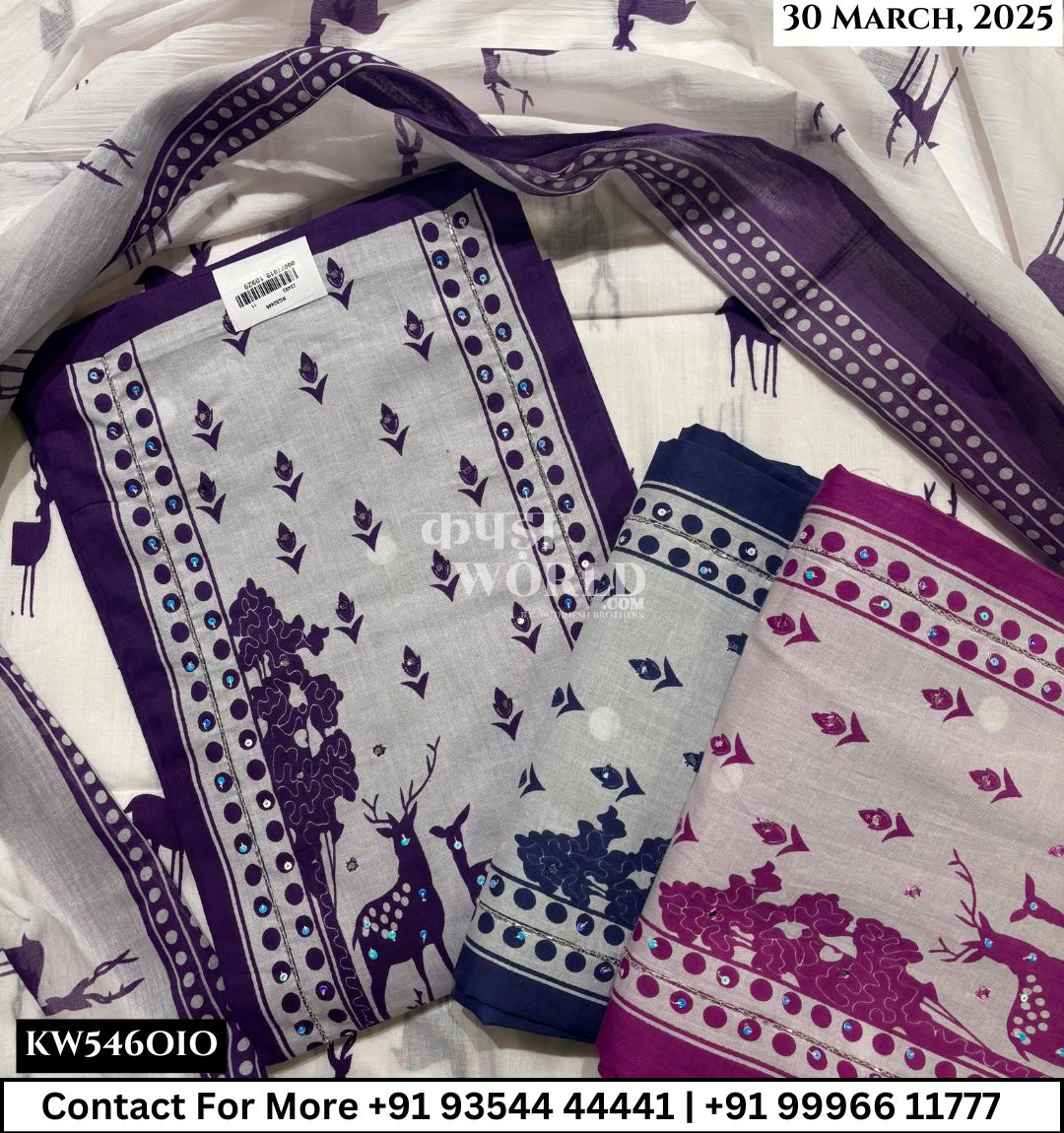 Unstitched Suits Cambric Cotton Top and Mulmul Print Dupatta (Set of 3)546No