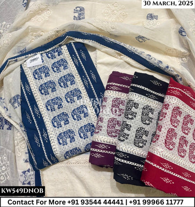 Unstitched Suits Slub Cotton Top and Mulmul Work Dupatta (Set of 4)549No