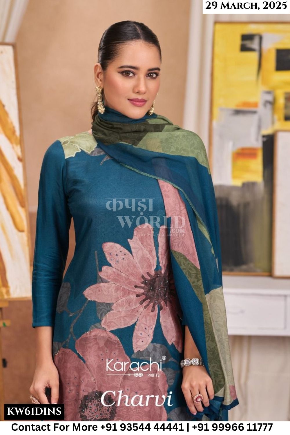 Kesar Catalogue - Charvi: Viscose Muslin Pant Style Suits