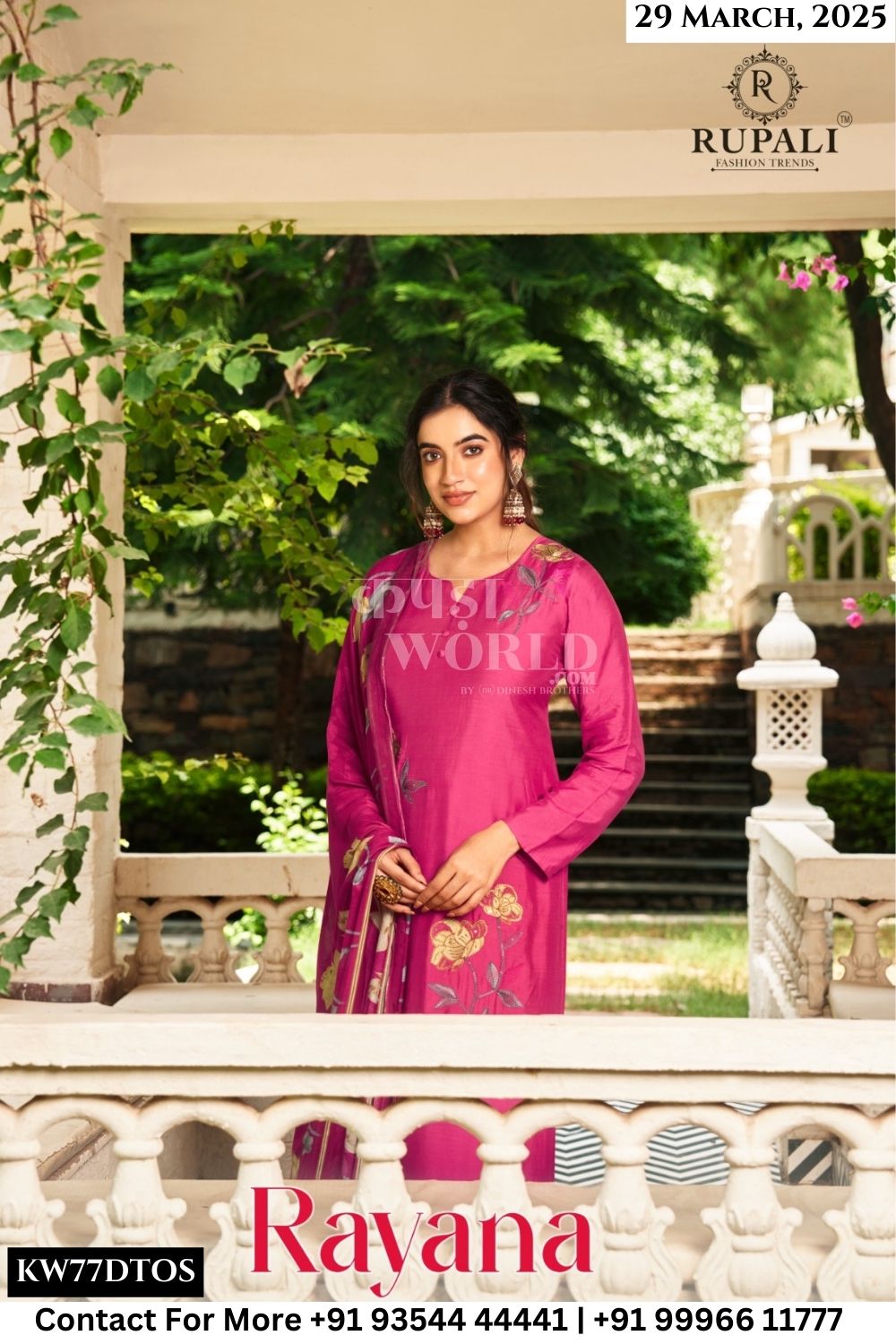 Rupali Catalogue - rayana: viscose muslin printed with fancy work suits catalogue